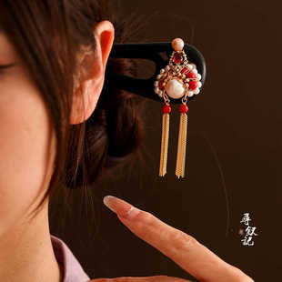 U型双钗黑檀木刀马旦发簪古风马面裙盘发簪子新中式京剧脸谱发饰