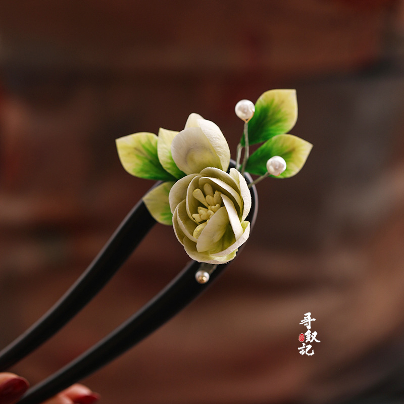 国风蚕丝绒花檀木U型发饰