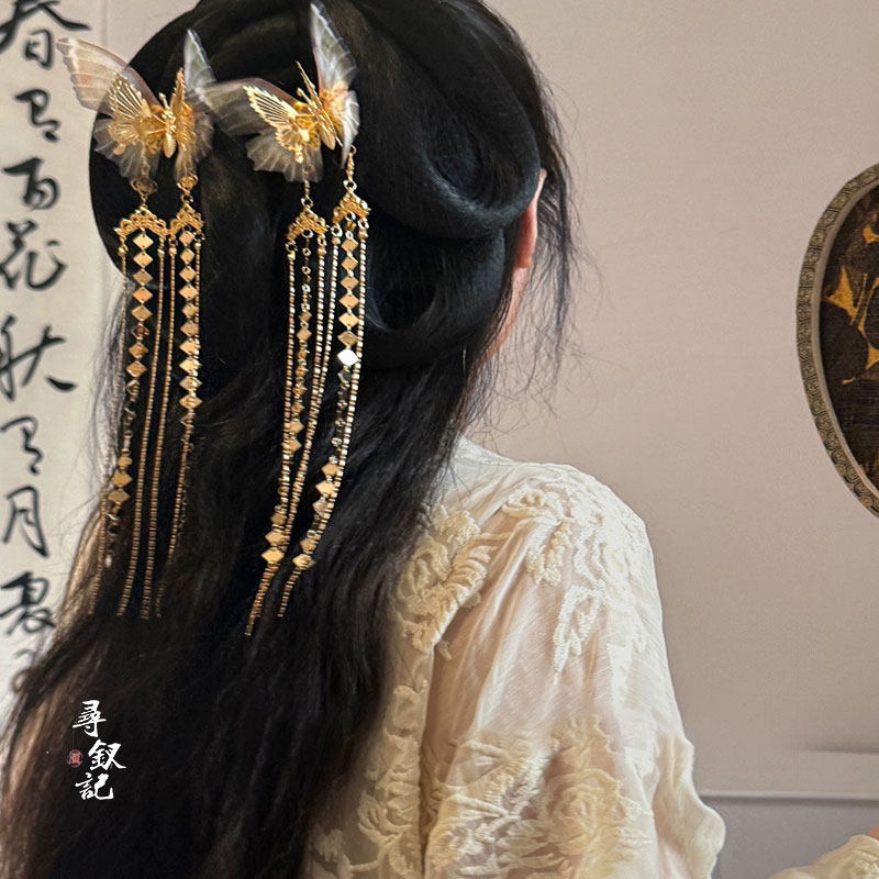 氛围感~超仙国风蝴蝶飘带流苏发夹女夏天后脑勺对夹古风汉服发饰