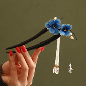 原创新中式 发饰手工绒花U型檀木发簪国风头饰流苏绒花发钗头饰女