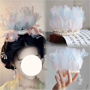 宋制汉服头饰明代围髻汉服配饰清冷感花冠盘发挽莲花发头冠饰品