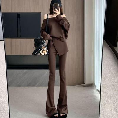 时尚休闲套装秋季2025新款辣妹简约慵懒长袖修身上衣微喇长裤