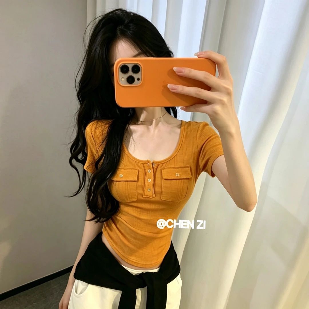 韩版纯欲气质U型polo领短袖T恤女夏季新款设计感修身显瘦短款上衣