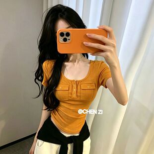 韩版纯欲气质U型polo领短袖T恤女夏季新款设计感修身显瘦短款上衣