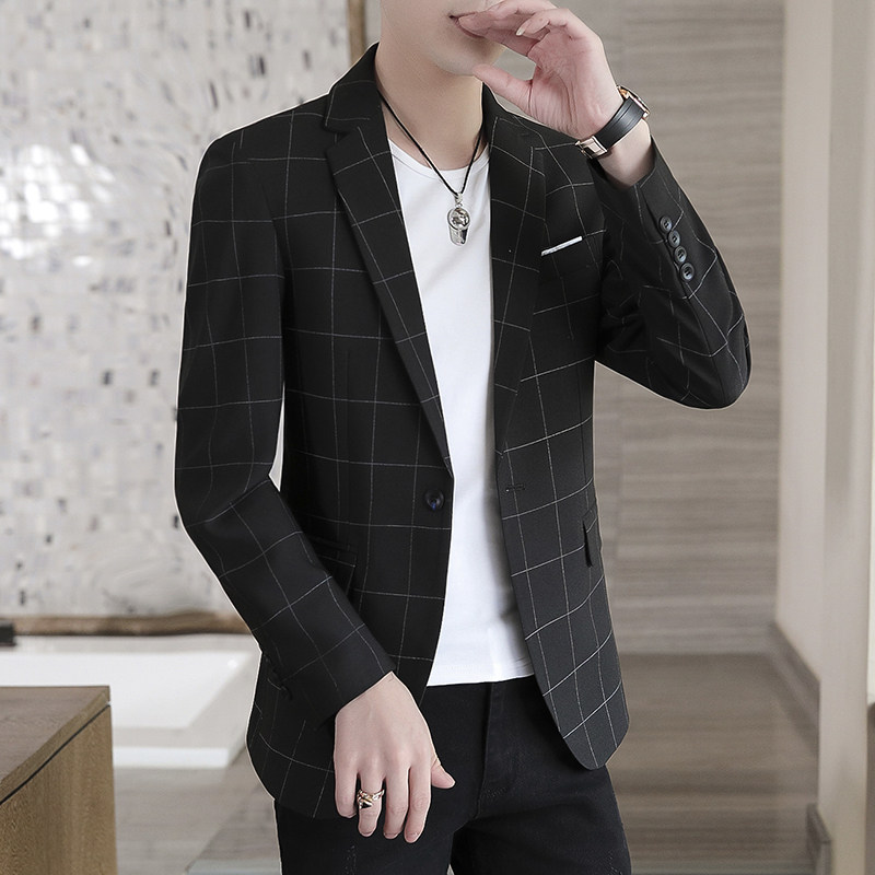 男士小西装春秋新款韩版格子修身风衣中长款中青年西服男装外套