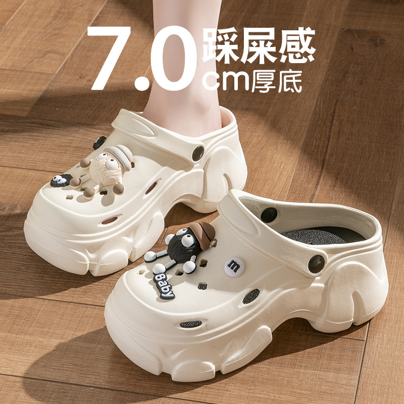 煤球洞洞鞋女款夏季2025新款可爱松糕厚底踩屎感防滑包头拖鞋