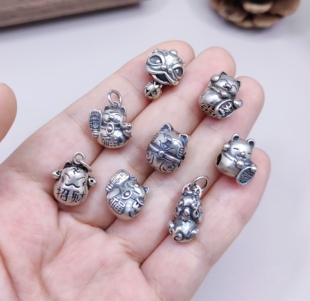 S925纯银招财猫横穿手链项链配件diy手作编绳材料100元包邮649 5