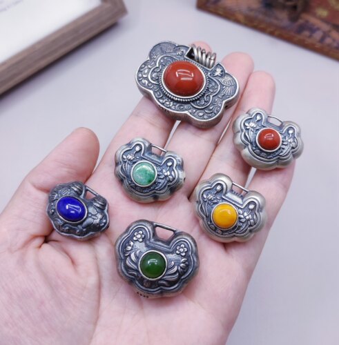 S925纯银镶嵌南红青金石锁吊坠滴溜手链项链配件diy手作材料794 4