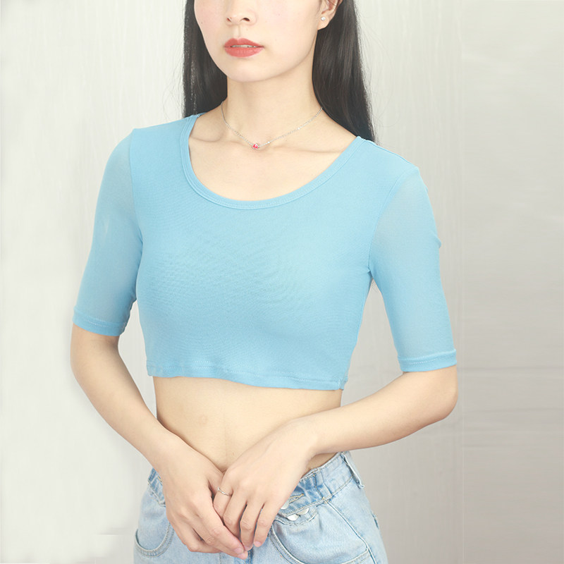 黑色圆领中袖网纱t恤女士夏季薄T恤