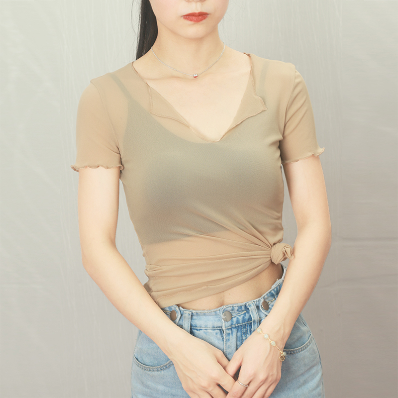 防晒冰丝打底衫女内搭网纱夏季短袖薄纱t恤黑色透视纱衣超薄上衣