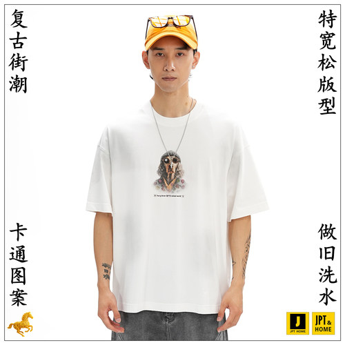 特宽松卡通图案洗水短袖圆领T恤