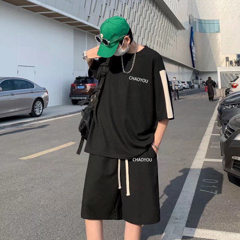 남학생용 반팔 투피스 슈트 홍콩 스타일 루즈 스포츠 및 캐주얼 쿨한 스트리트 스타일 커플이 입을 수 있는 하이엔드 상의