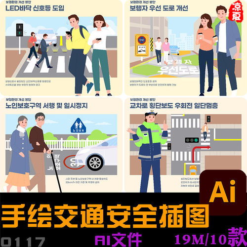 手绘卡通交通安全教育宣传警示展览板插图海报ai矢量设计素材模板