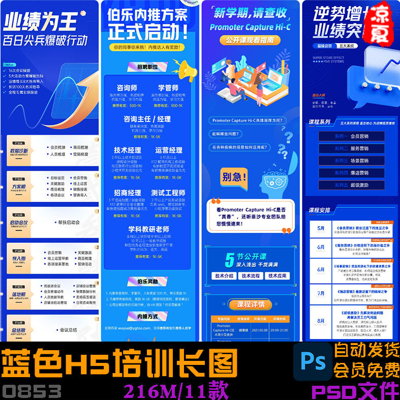 蓝色H5金融保险培训数据报表新媒体营销宣传长图海报PSD素材模板