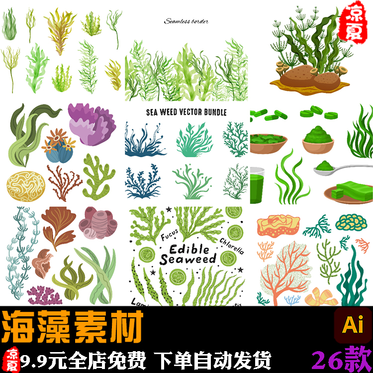 绿藻粉海藻制品海洋植物海带手绘卡通装饰插画图片ai矢量设计素材
