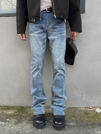 Baseplate Base水洗微喇cleanfit破坏水洗复古冰蓝色牛仔裤男女潮