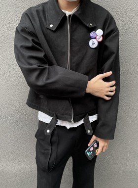 Baseplate Base斜纹布口袋vibe风短款尖领cleanfit大垫肩夹克外套