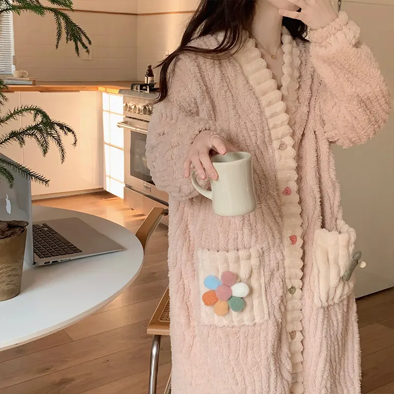珊瑚绒睡袍女秋冬季睡裙长款冬款加绒加厚法兰绒浴袍睡衣外套