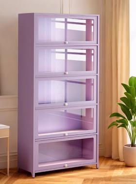 钢制书柜带门玻璃展示柜紫色家用客厅防尘储物收纳柜铁艺置物架