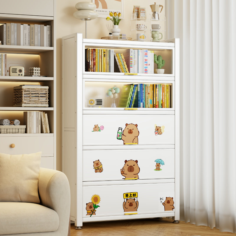 家用钢制书架带门儿童防尘书柜展示柜多层落地铁门置物柜收纳柜子