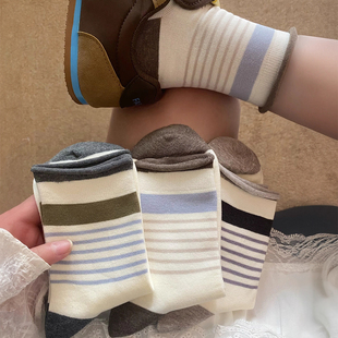 复古高级 莫兰迪配色永远经典 太百搭啦 勃肯 蓝咖色条纹堆堆袜