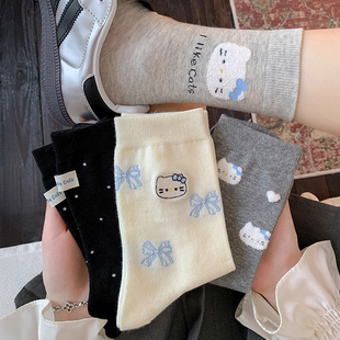 袜子女春秋款 纯棉中筒袜可爱卡通韩系ins潮白色无骨长袜夏季 薄款