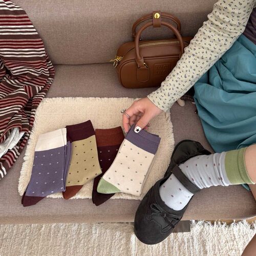 波点袜子女春秋中筒袜纯棉堆堆袜