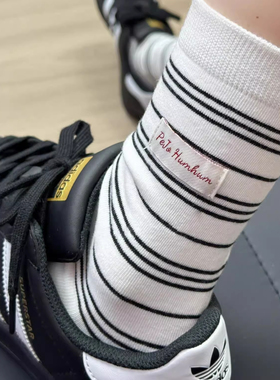 白色袜子女春秋款纯棉中筒袜布标条纹韩版ins潮夏季薄款堆堆袜女