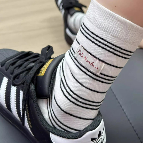 白色袜子女春秋款纯棉条纹中筒袜