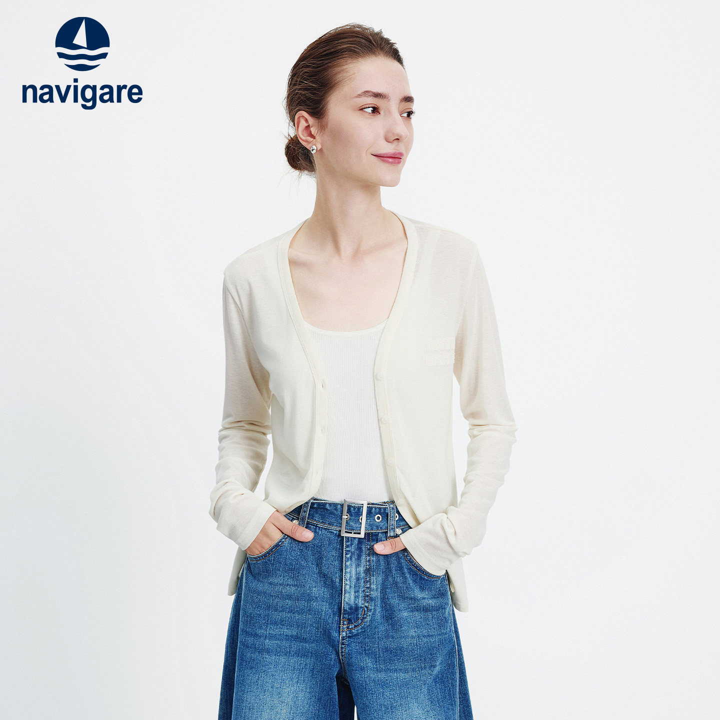 Navigare意大利小帆船白色休闲长袖T恤女2026夏季轻薄V