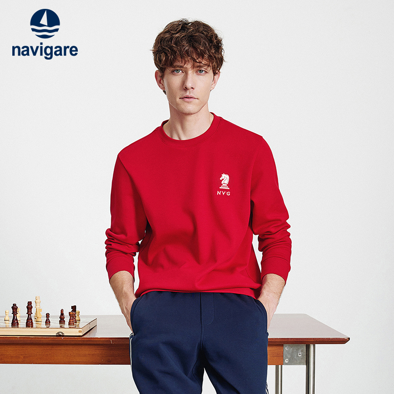 Navigare意大利小帆船红色圆领卫衣男25秋冬新品加绒保暖套头T恤