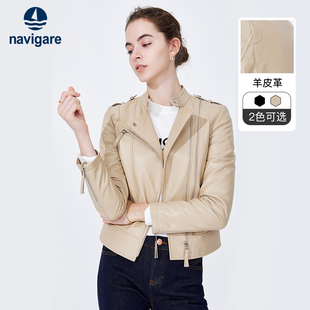 外套休闲哈灵顿夹克 Navigare意大利小帆船机车皮衣女士短款 羊皮