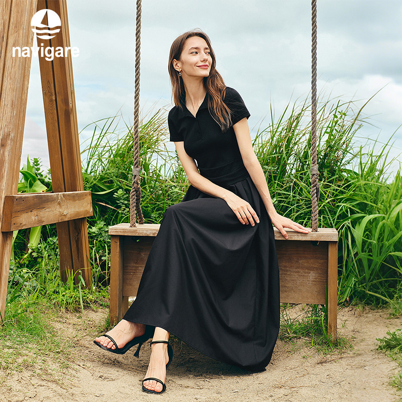 Navigare意大利小帆船收腰拼接短袖连衣裙女2026春夏PO