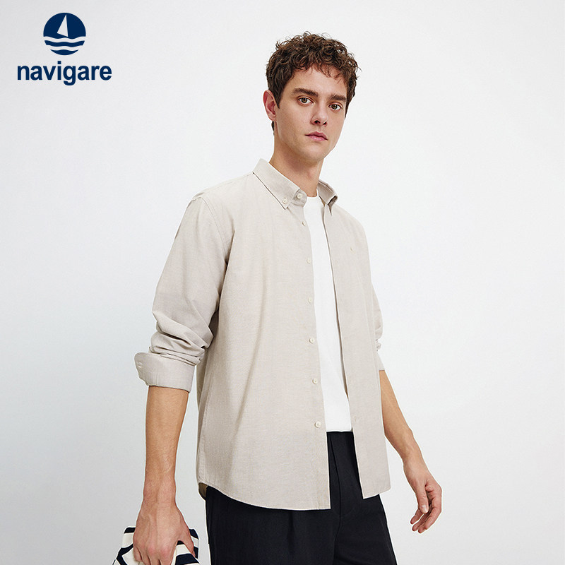 Navigare意大利小帆船卡其色休闲衬衫男长袖2026春季百搭棉麻衬衣 - navigare纳维凯尔旗舰店出品