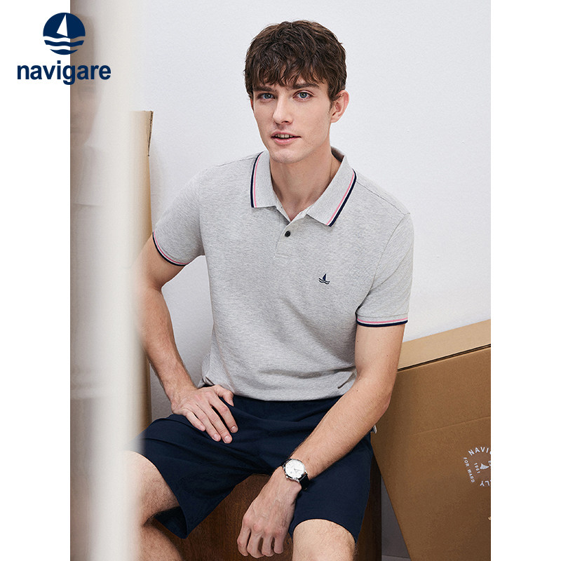 Navigare意大利小帆船纯棉翻领polo衫男短袖灰色刺绣t恤休闲上衣
