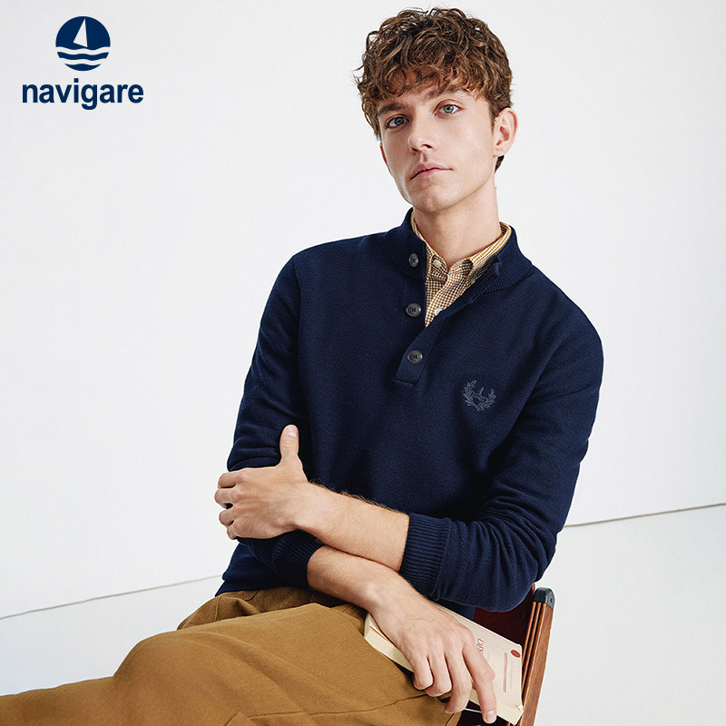 Navigare意大利小帆船秋冬套头休闲毛衣男士新款老钱风保暖针