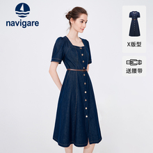 Navigare意大利小帆船新款夏季短袖牛仔连衣裙蓝色休闲通勤裙子