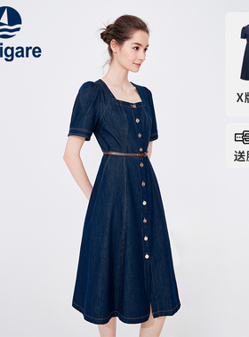 Navigare意大利小帆船新款夏季短袖牛仔连衣裙蓝色休闲通勤裙子