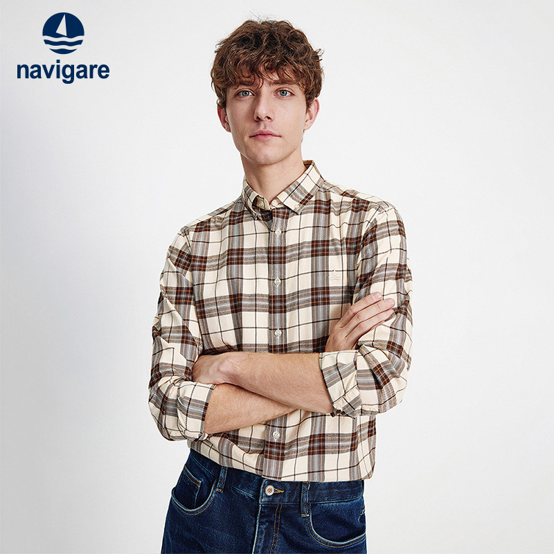 Navigare意大利小帆船纯棉格子衬衫男士春秋季新款复古长袖衬