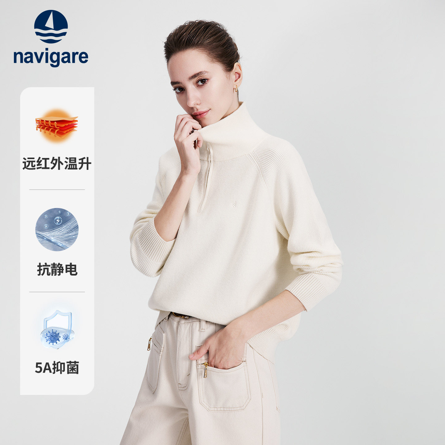 Navigare小帆船白色翻领针织衫女士2026秋季宽松通勤毛衣