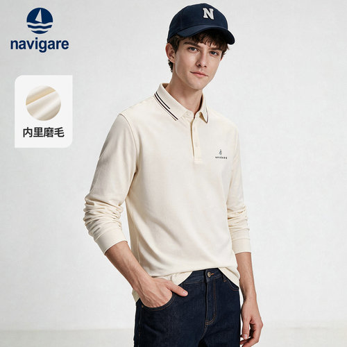 Navigare休闲磨毛长袖Polo衫