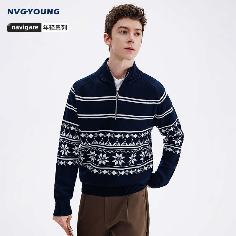 Navigare半开领羊毛提花针织衫