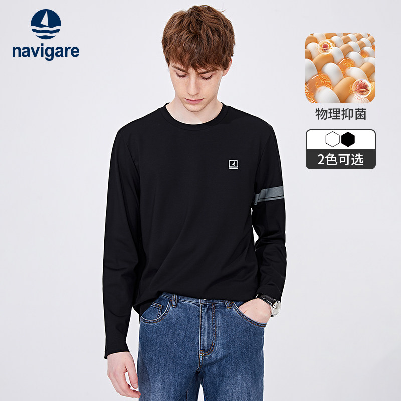 [磨毛]Navigare意大利小帆船秋季黑色长袖t恤男休闲长袖圆