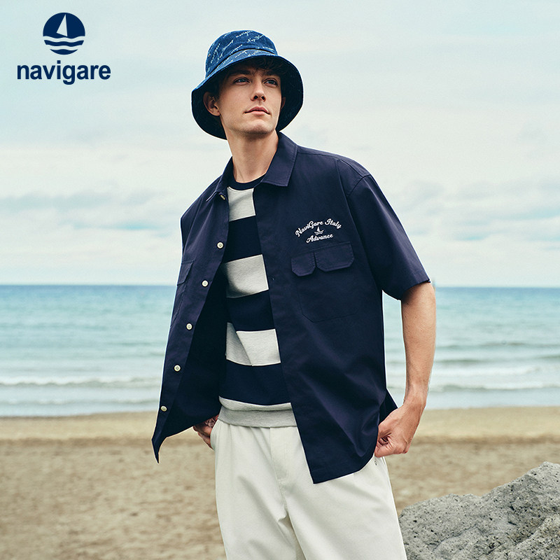 Navigare意大利小帆船宽松休闲短袖衬衫男2026夏季翻领衬