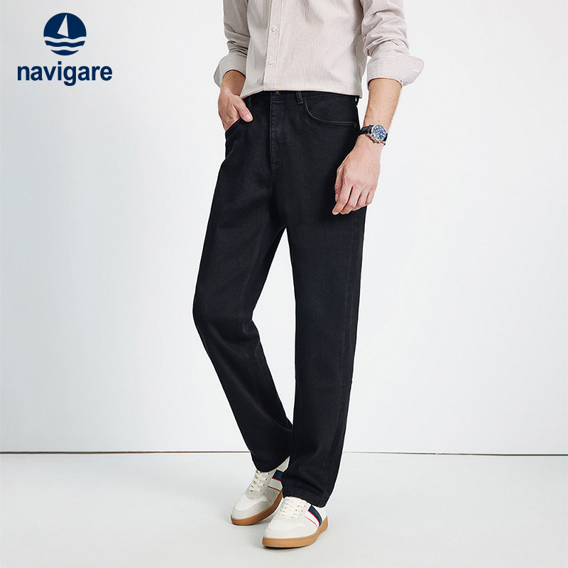 Navigare意大利小帆船磨毛黑色牛仔裤男2026春季新款复古直筒长裤
