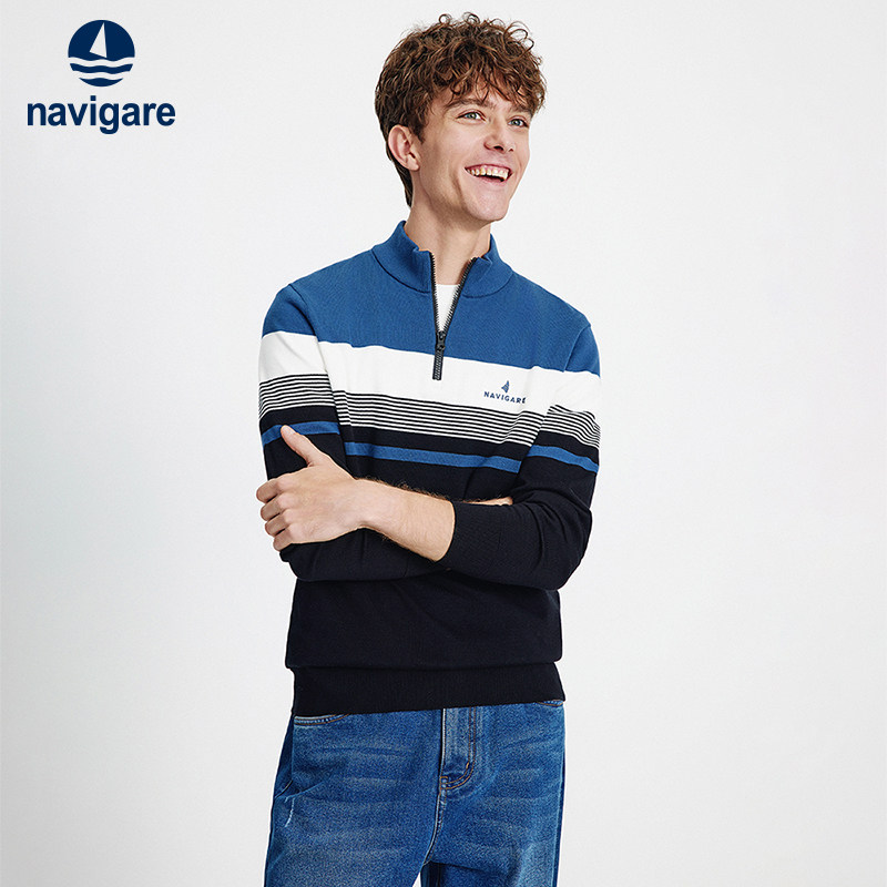 Navigare意大利小帆船秋季撞色条纹卫衣男士休闲半拉链针织衫,男装,针织衫/毛衣,淘宝优惠券,粉丝福利购,淘宝优惠卷