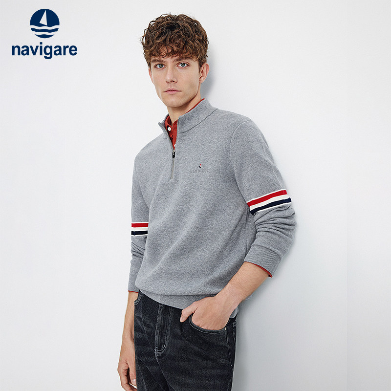 Navigare意大利小帆船灰色半开领毛衣男秋季新款可机洗针织羊