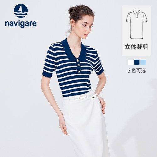 小帆船条纹针织短袖Polo衫女