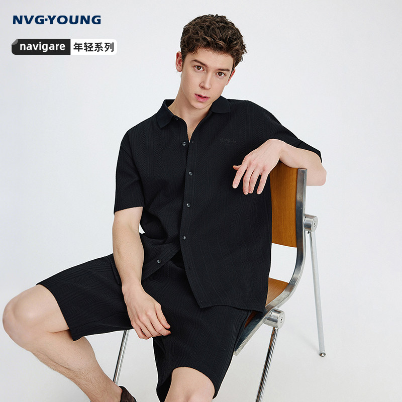 Navigare意大利小帆船黑色短袖衬衫男士2026春夏新款休闲衬衣外套,男装,衬衫,淘宝优惠券,粉丝福利购,淘宝优惠卷