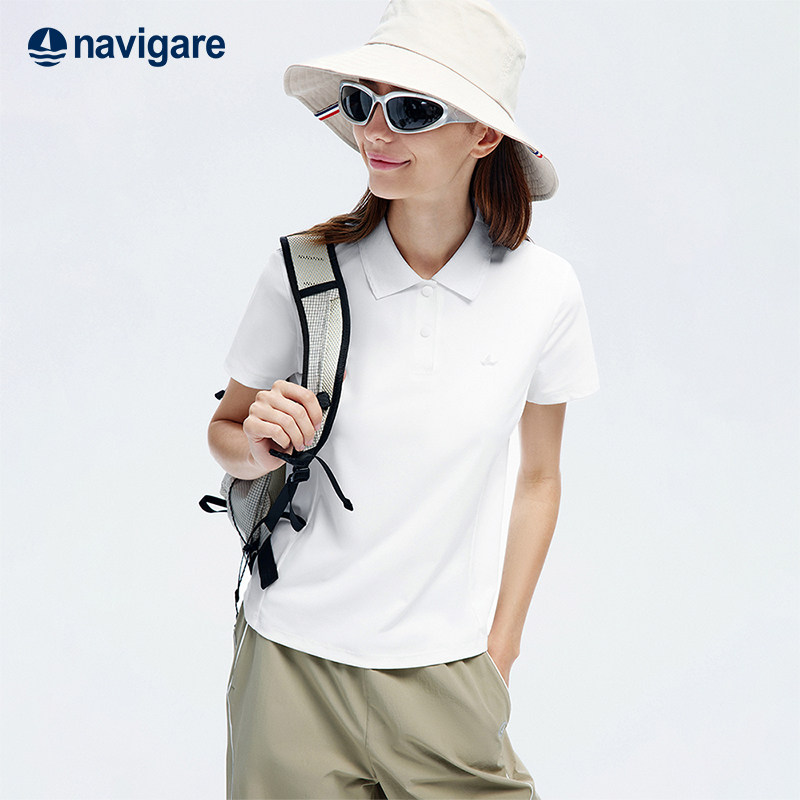 Navigare小帆船白色轻薄休闲短袖POLO衫女士夏季新款基础翻领T恤